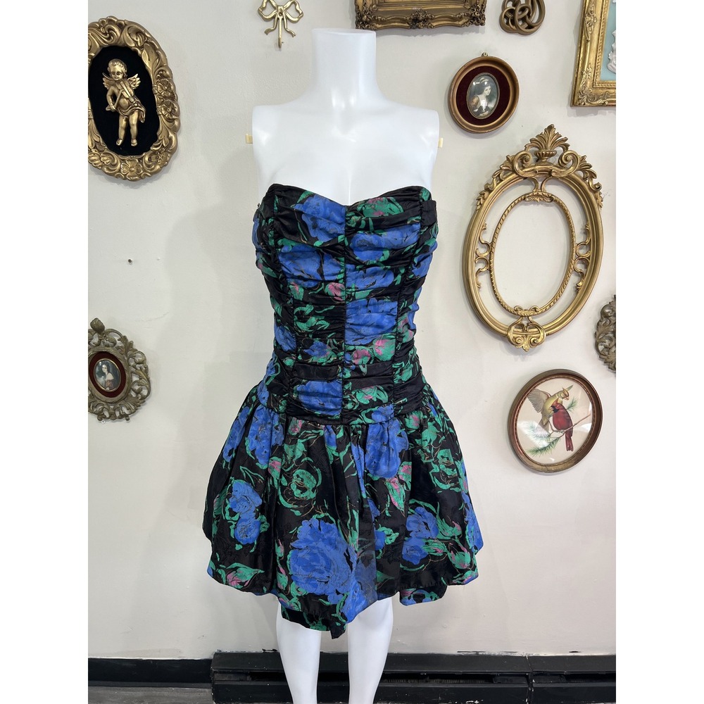 Positively Ellyn Vintage Blue Floral Strapless Bubble Dress Size 9/10
